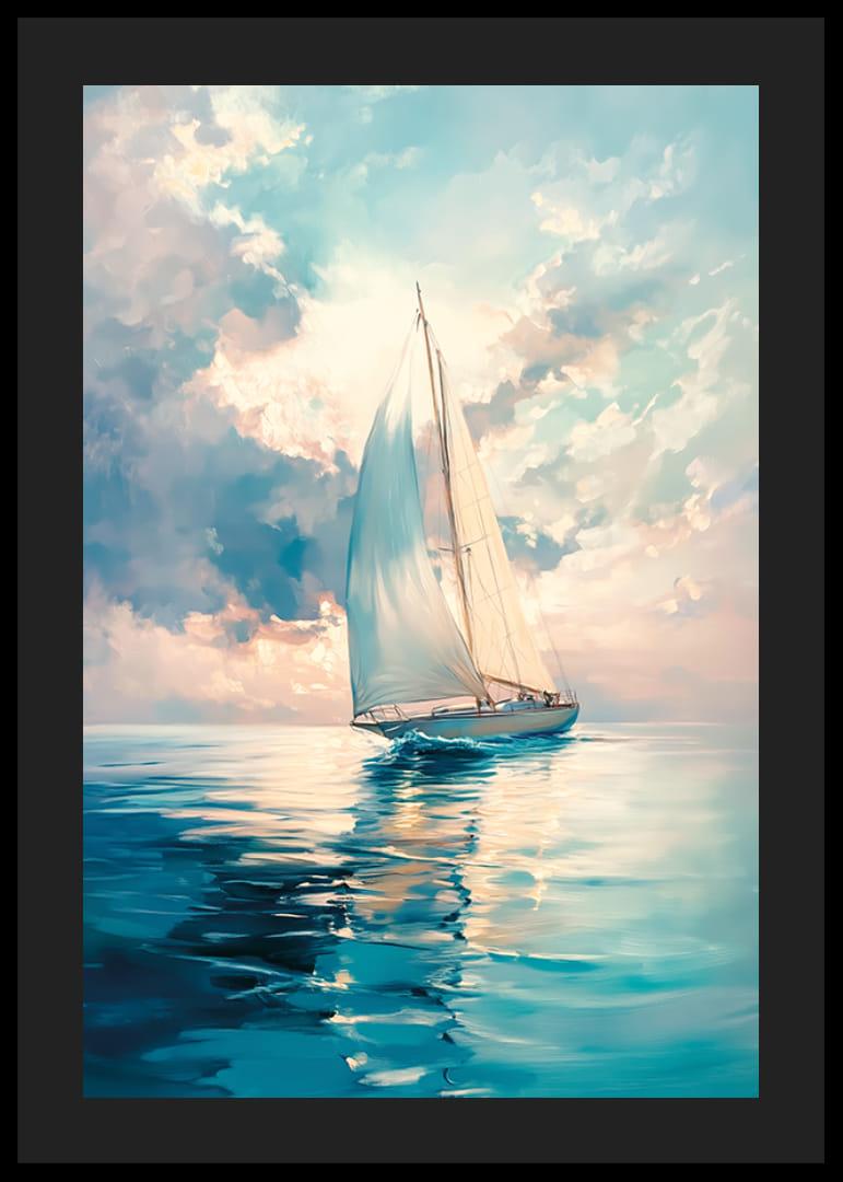 En poster som fångar en segelbåt på lugna vatten, omgiven av mjuka himmelsfärger och ett drömskt ljus-12