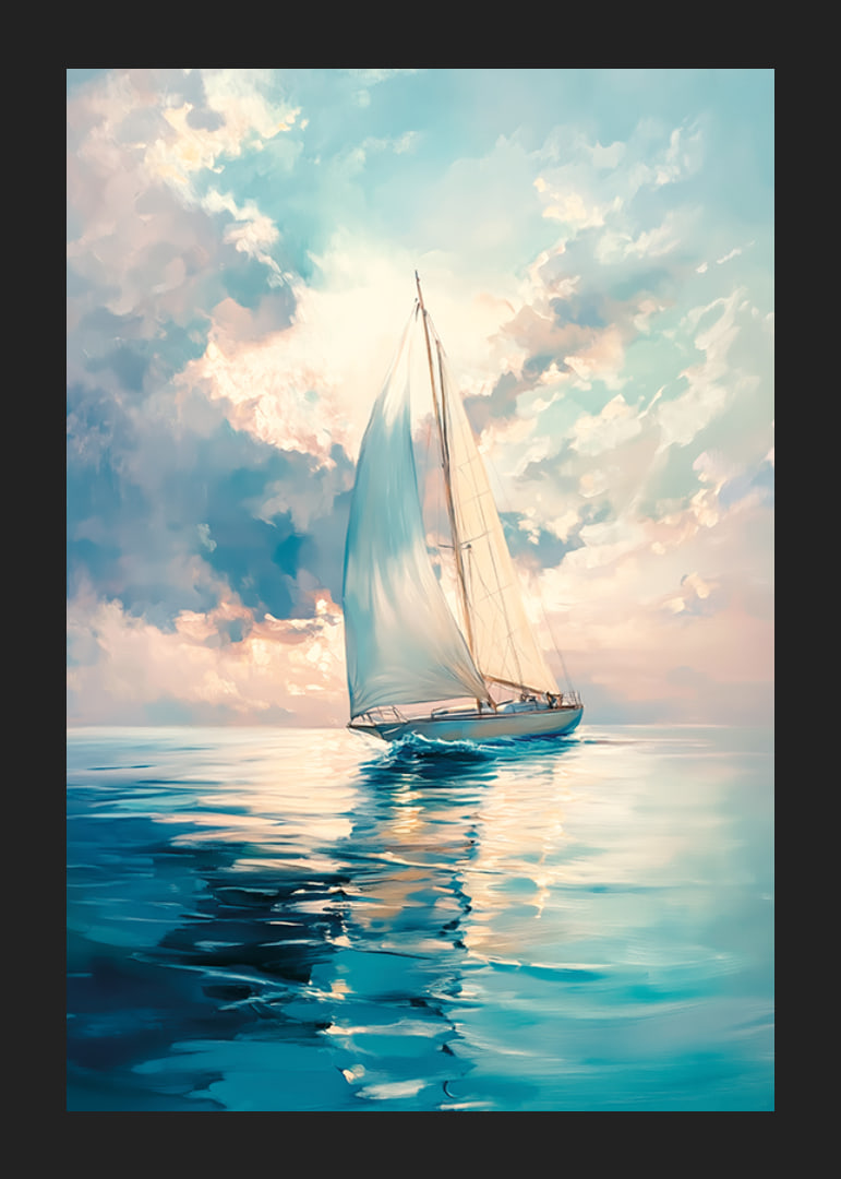A poster capturing a sailboat on calm waters, surrounded by soft sky colors and a dreamy light-12