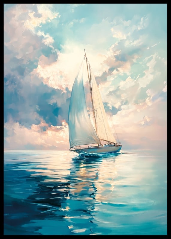 A poster capturing a sailboat on calm waters, surrounded by soft sky colors and a dreamy light-12