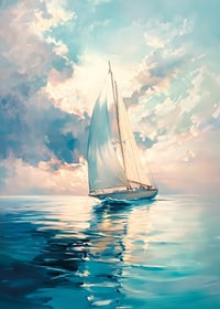 A poster capturing a sailboat on calm waters, surrounded by soft sky colors and a dreamy light-7