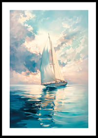 A poster capturing a sailboat on calm waters, surrounded by soft sky colors and a dreamy light-0