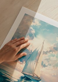 A poster capturing a sailboat on calm waters, surrounded by soft sky colors and a dreamy light-9
