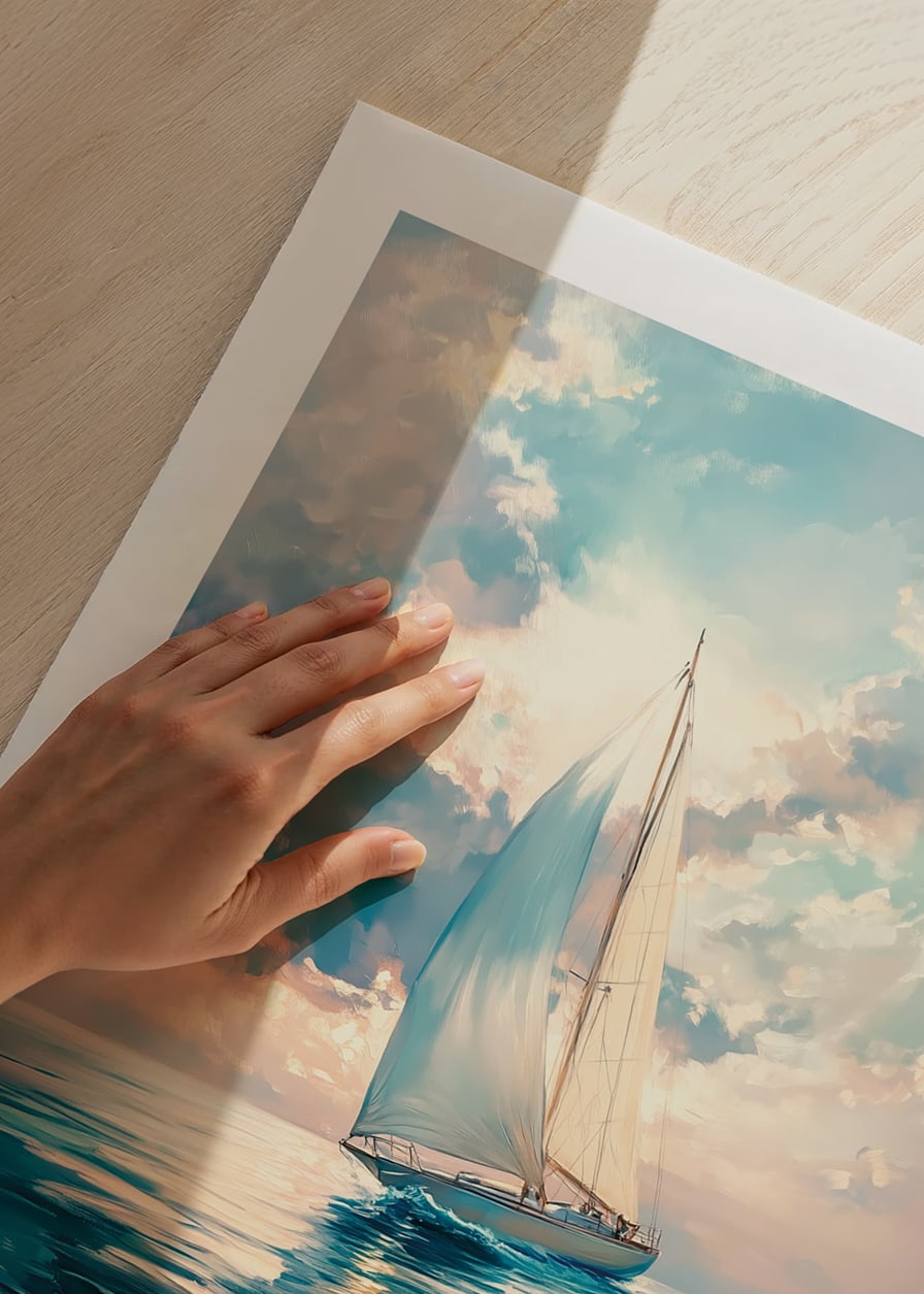 A poster capturing a sailboat on calm waters, surrounded by soft sky colors and a dreamy light-12