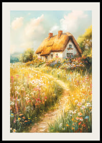 A poster depicting a charming cottage surrounded by blooming meadows-2