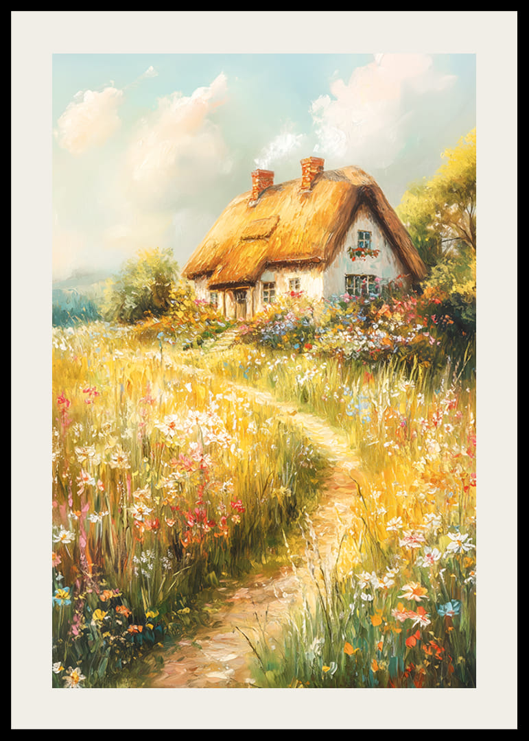 A poster depicting a charming cottage surrounded by blooming meadows-12
