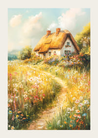 A poster depicting a charming cottage surrounded by blooming meadows-3