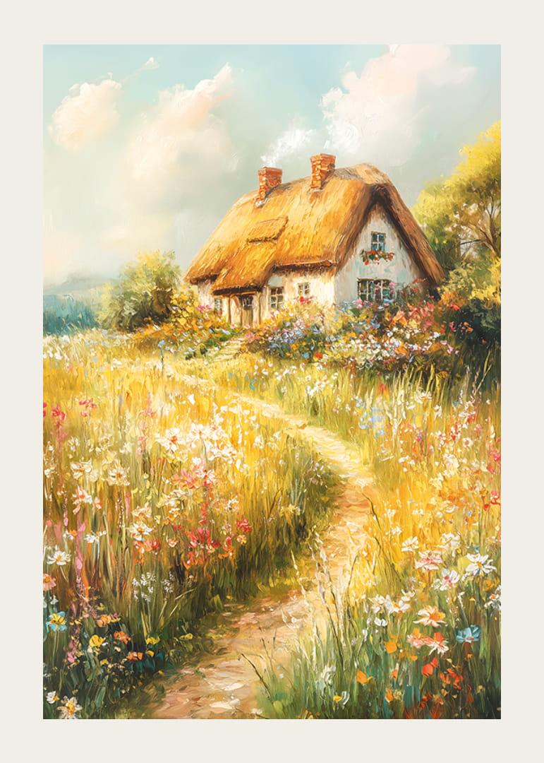 A poster depicting a charming cottage surrounded by blooming meadows-12