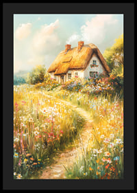 A poster depicting a charming cottage surrounded by blooming meadows-4