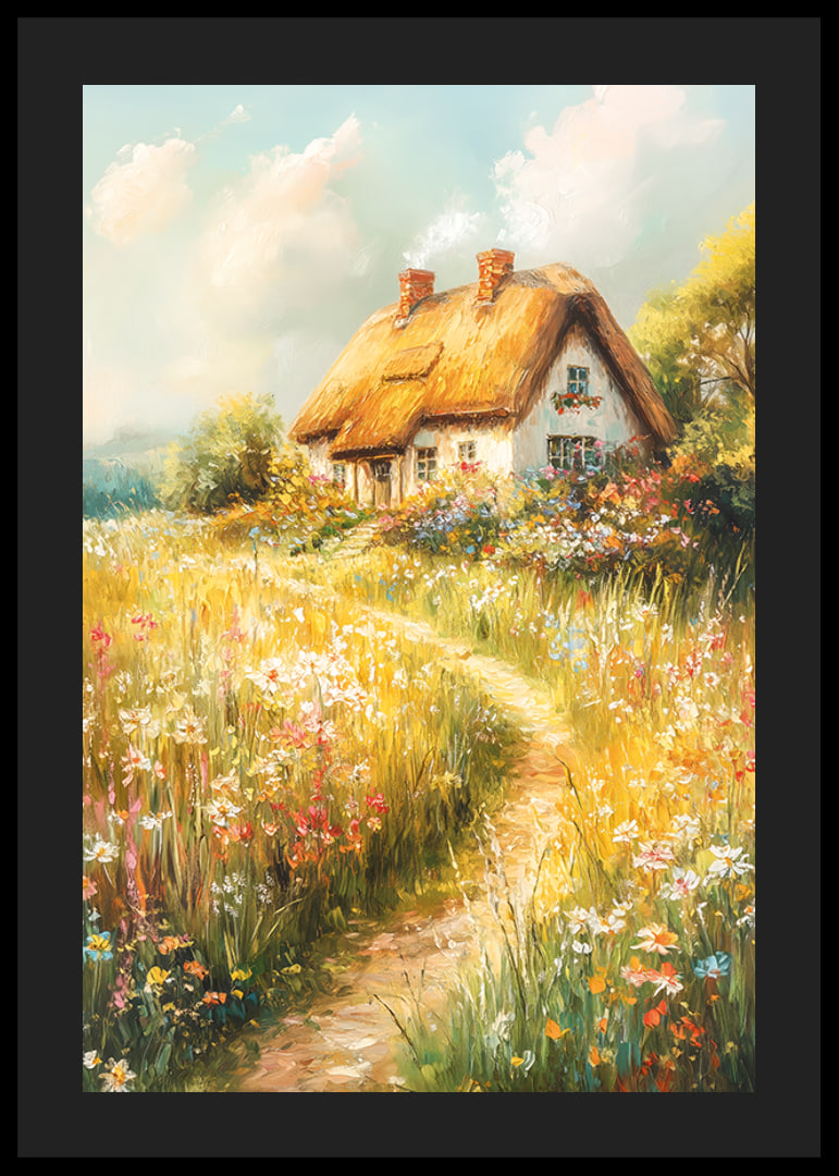 A poster depicting a charming cottage surrounded by blooming meadows-12
