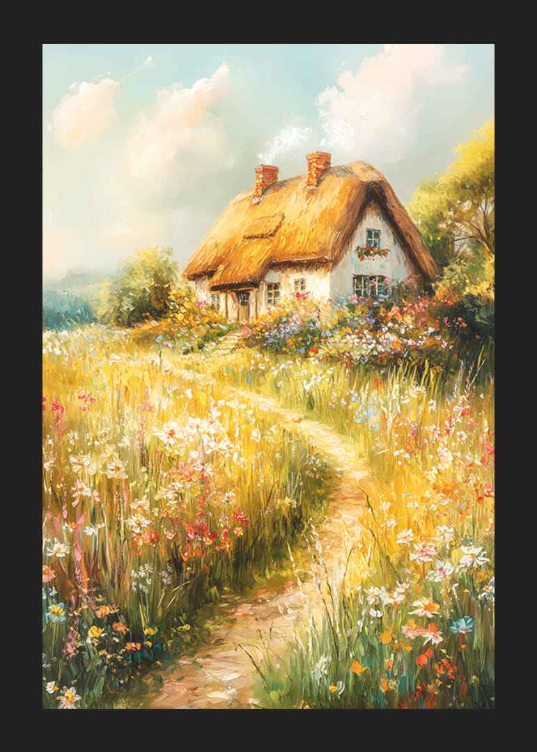 A poster depicting a charming cottage surrounded by blooming meadows-12
