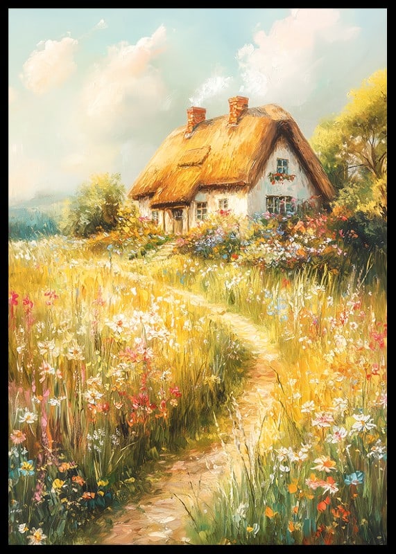 A poster depicting a charming cottage surrounded by blooming meadows-12