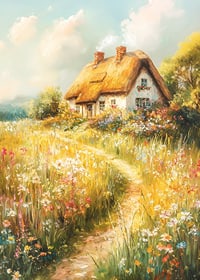 A poster depicting a charming cottage surrounded by blooming meadows-7