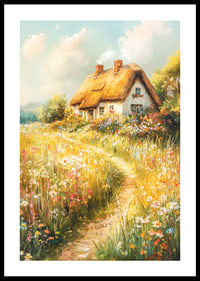 A poster depicting a charming cottage surrounded by blooming meadows-0