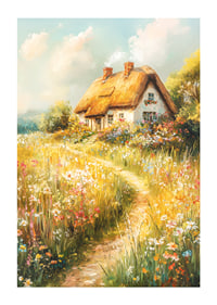 A poster depicting a charming cottage surrounded by blooming meadows-1