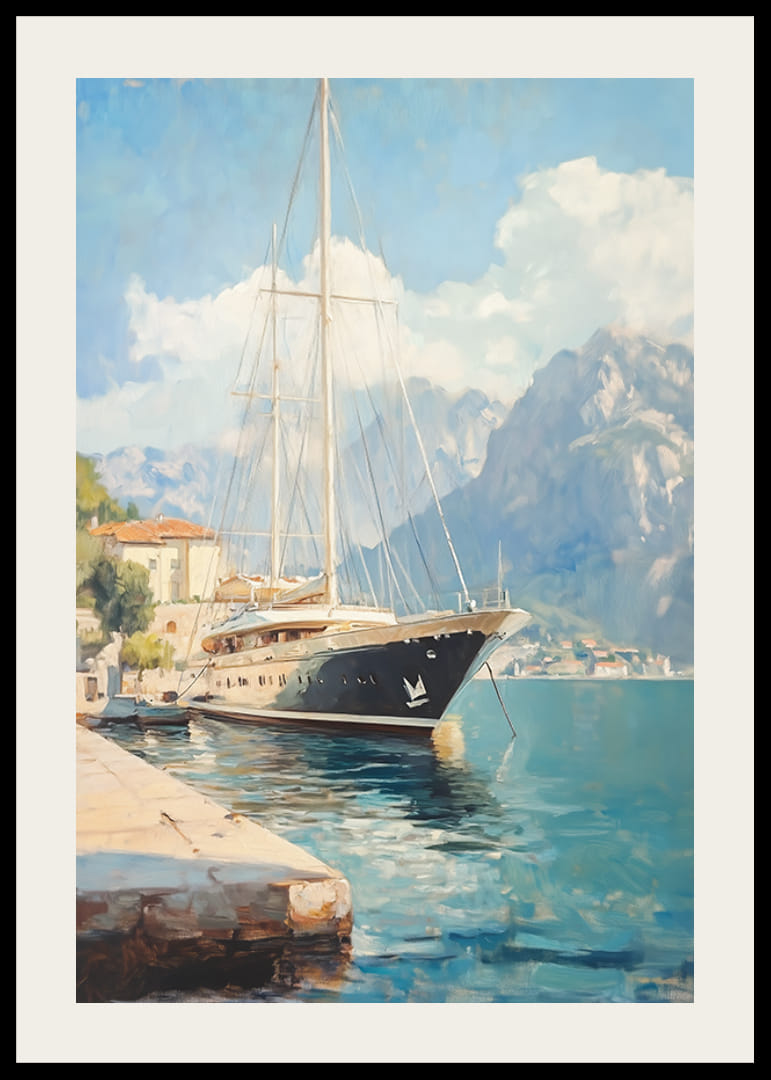 A poster depicting a luxurious sailing yacht in a picturesque harbor-12