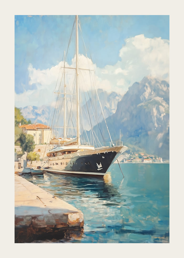 A poster depicting a luxurious sailing yacht in a picturesque harbor-12
