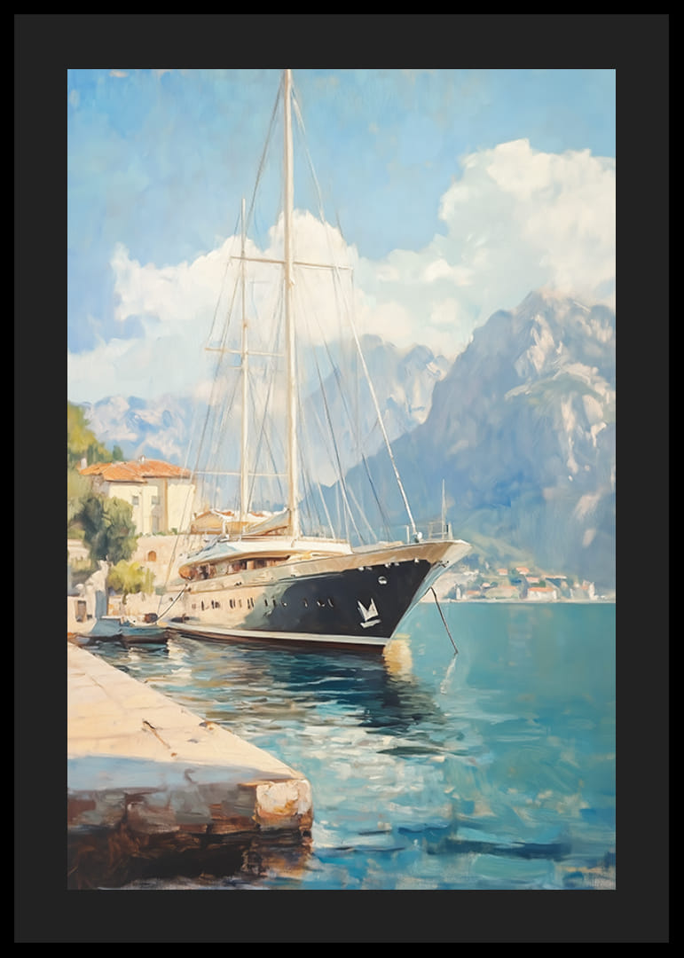A poster depicting a luxurious sailing yacht in a picturesque harbor-12