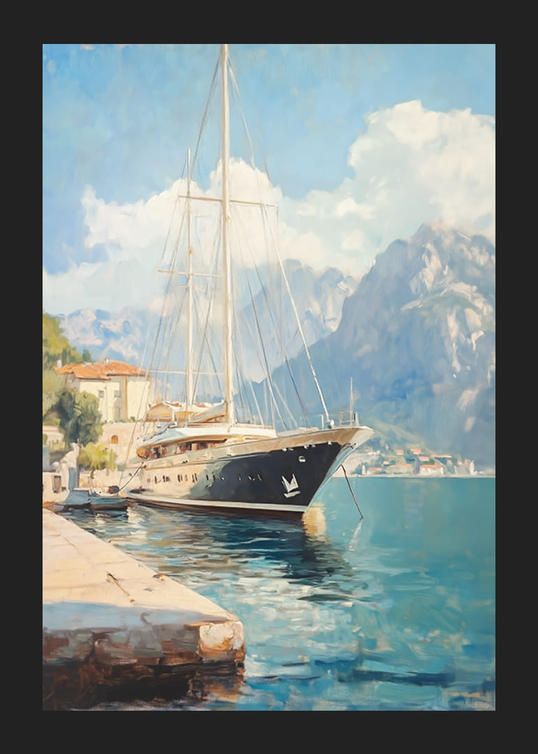 A poster depicting a luxurious sailing yacht in a picturesque harbor-12