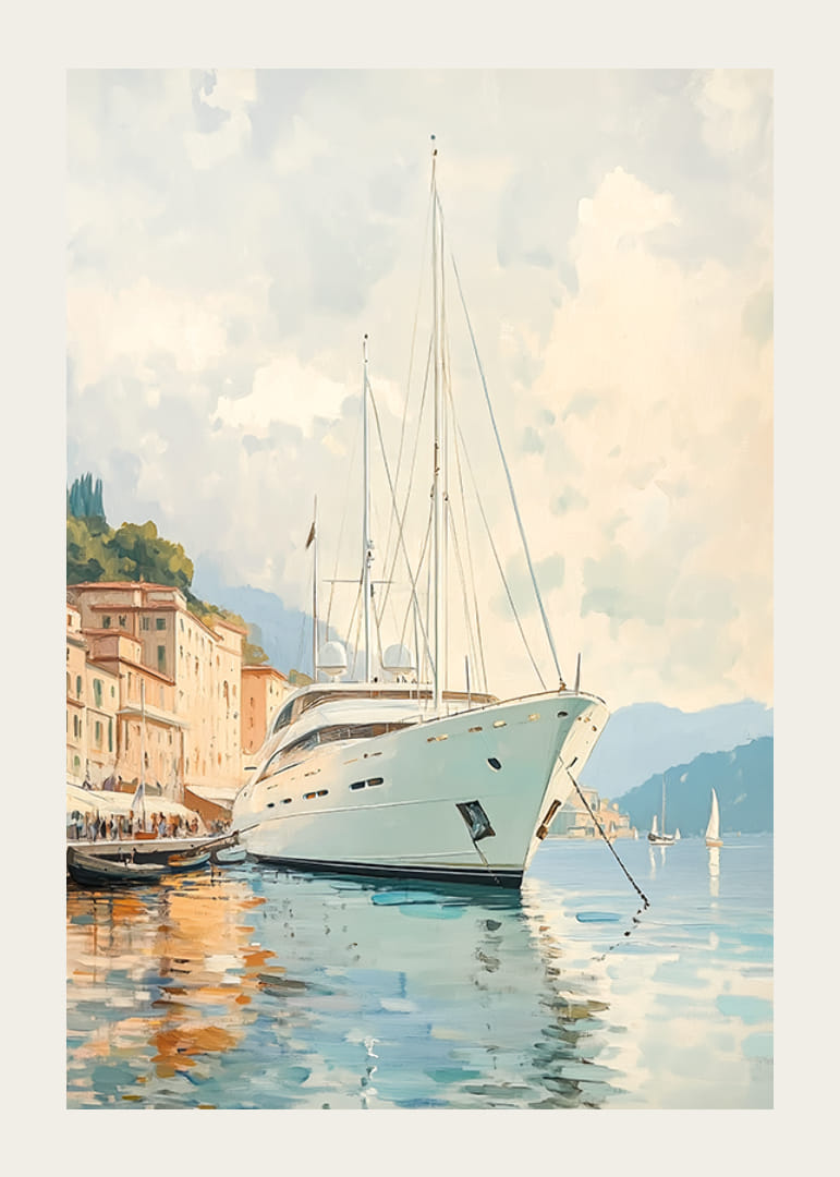 A poster depicting a luxurious yacht in a charming Mediterranean port-12