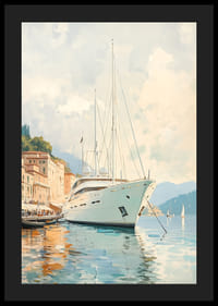A poster depicting a luxurious yacht in a charming Mediterranean port-4