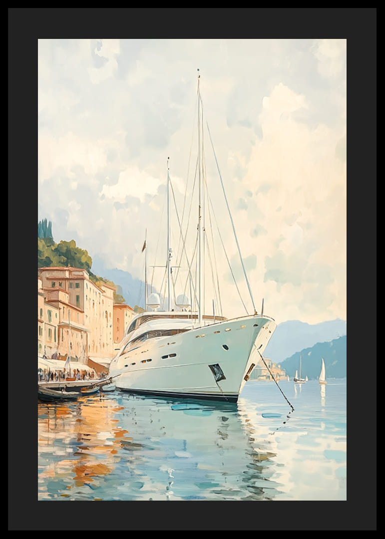 A poster depicting a luxurious yacht in a charming Mediterranean port-12