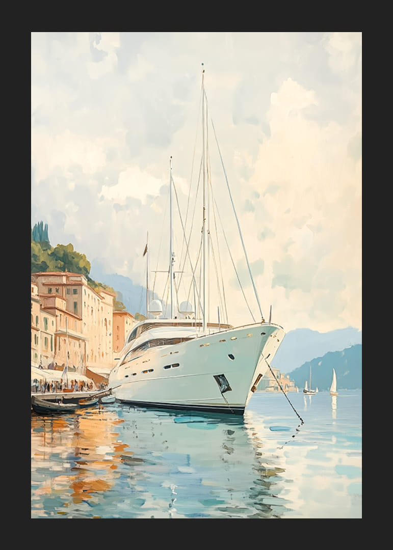 A poster depicting a luxurious yacht in a charming Mediterranean port-12