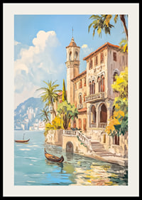 Ein Poster mit einer sonnenverwöhnten mediterranen Villa am glitzernden Meer-2
