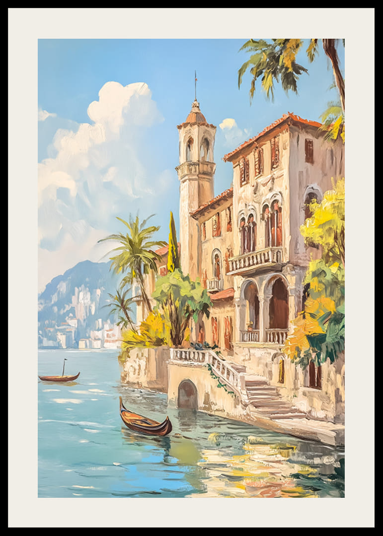 En poster som skildrar en solkysst medelhavsvilla vid det glittrande havet-12