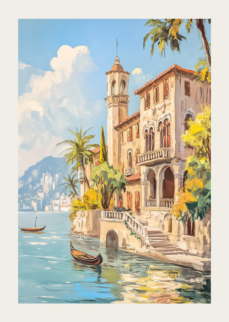 En poster som skildrar en solkysst medelhavsvilla vid det glittrande havet-12