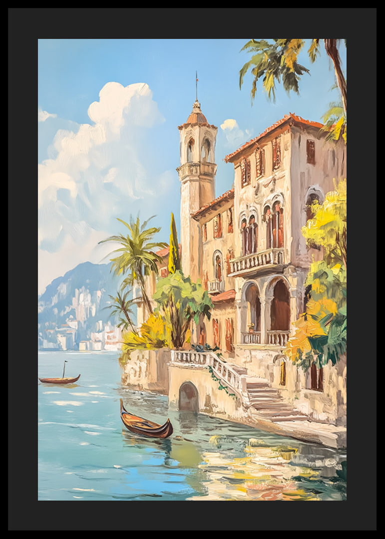 Ein Poster mit einer sonnenverwöhnten mediterranen Villa am glitzernden Meer-12