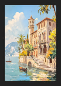 En poster som skildrar en solkysst medelhavsvilla vid det glittrande havet-5