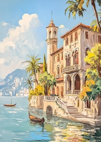 Ein Poster mit einer sonnenverwöhnten mediterranen Villa am glitzernden Meer-7
