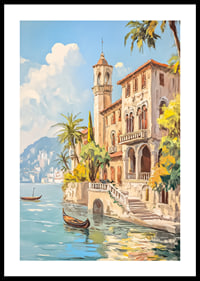 Ein Poster mit einer sonnenverwöhnten mediterranen Villa am glitzernden Meer-0