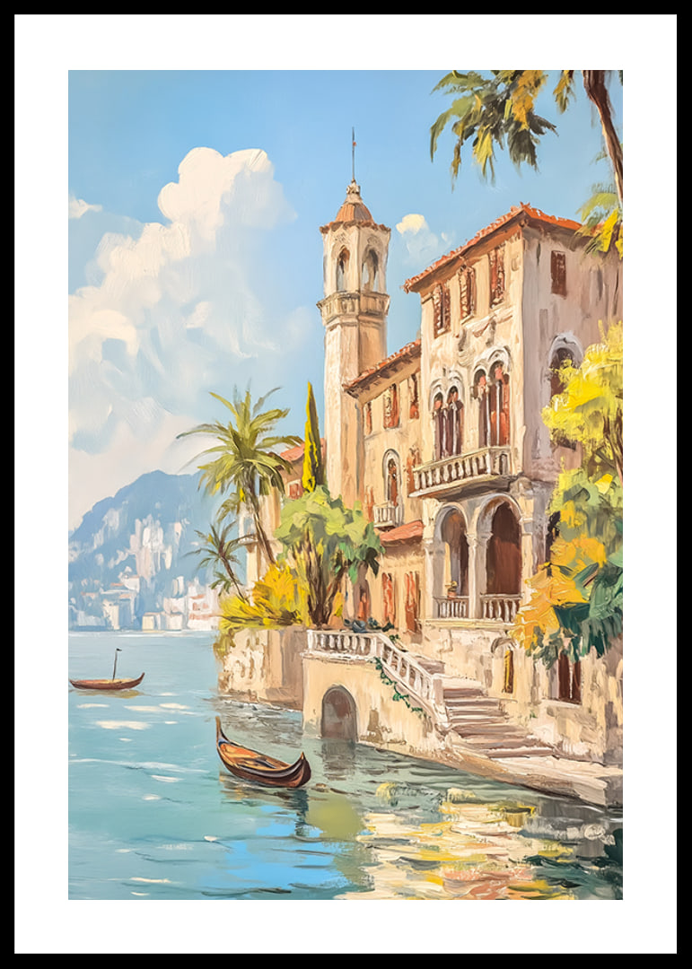 Ein Poster mit einer sonnenverwöhnten mediterranen Villa am glitzernden Meer-12