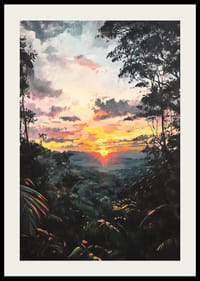 Un afiș captivant care înfățișează un apus de soare auriu peste jungla luxuriantă-2