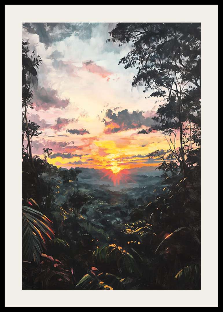 Un afiș captivant care înfățișează un apus de soare auriu peste jungla luxuriantă-12