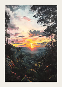 Un afiș captivant care înfățișează un apus de soare auriu peste jungla luxuriantă-3