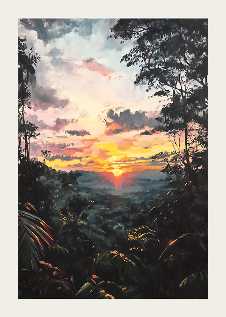 Un afiș captivant care înfățișează un apus de soare auriu peste jungla luxuriantă-12