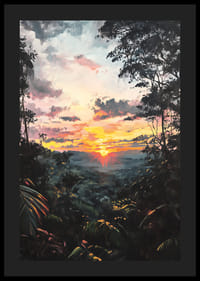 Un afiș captivant care înfățișează un apus de soare auriu peste jungla luxuriantă-4