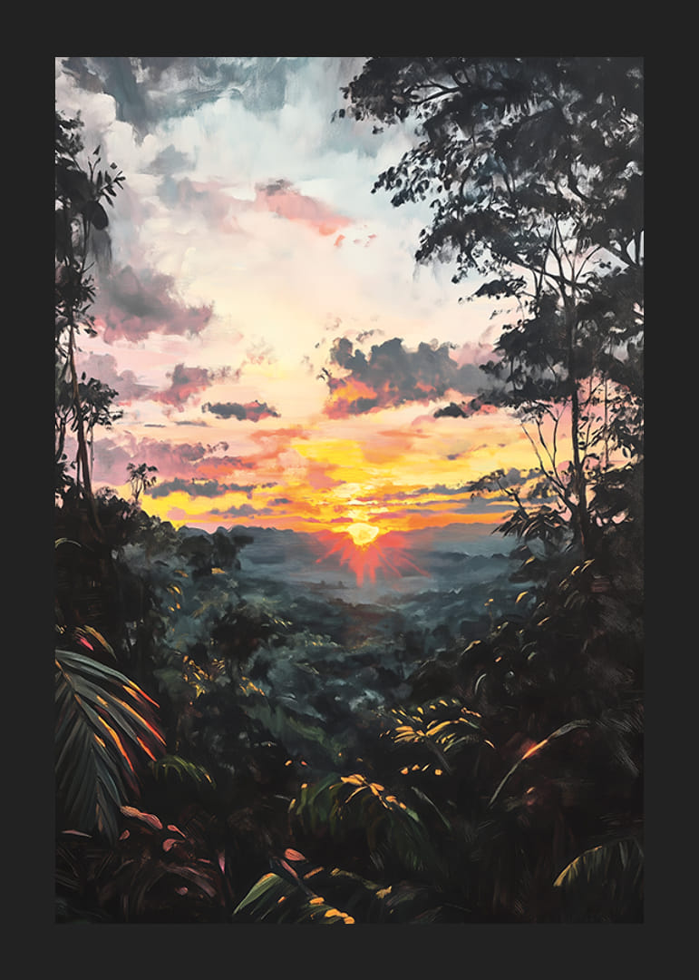 Un afiș captivant care înfățișează un apus de soare auriu peste jungla luxuriantă-12