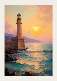 Egy poszter, amely egy fenséges világítótornyot ábrázol naplementekor-3