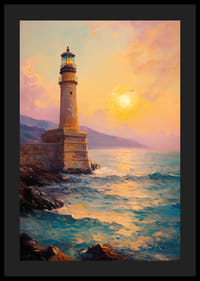 Egy poszter, amely egy fenséges világítótornyot ábrázol naplementekor-4