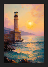 Egy poszter, amely egy fenséges világítótornyot ábrázol naplementekor-5