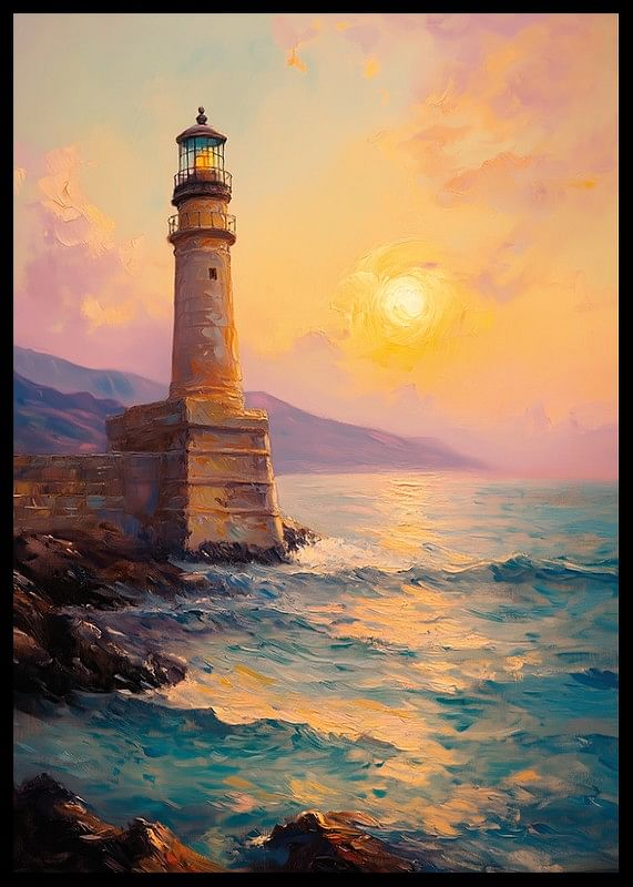 A poster depicting a majestic lighthouse at sunset-12