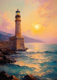 A poster depicting a majestic lighthouse at sunset-3