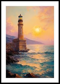 A poster depicting a majestic lighthouse at sunset-0