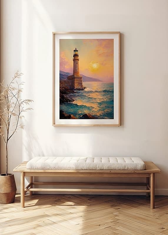 A poster depicting a majestic lighthouse at sunset-12