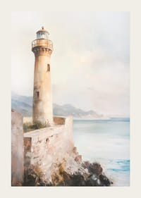 En plakat som viser et tidløst fyrtårn ved sjøen-3