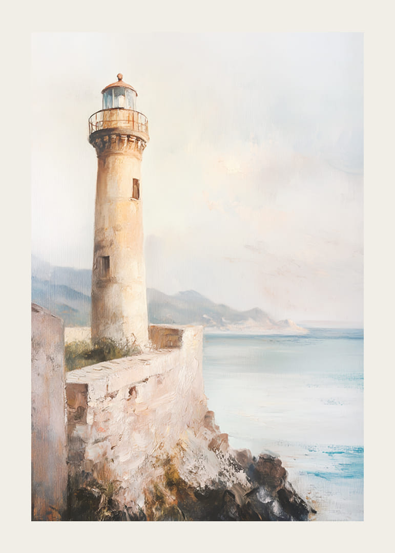 En plakat som viser et tidløst fyrtårn ved sjøen-12