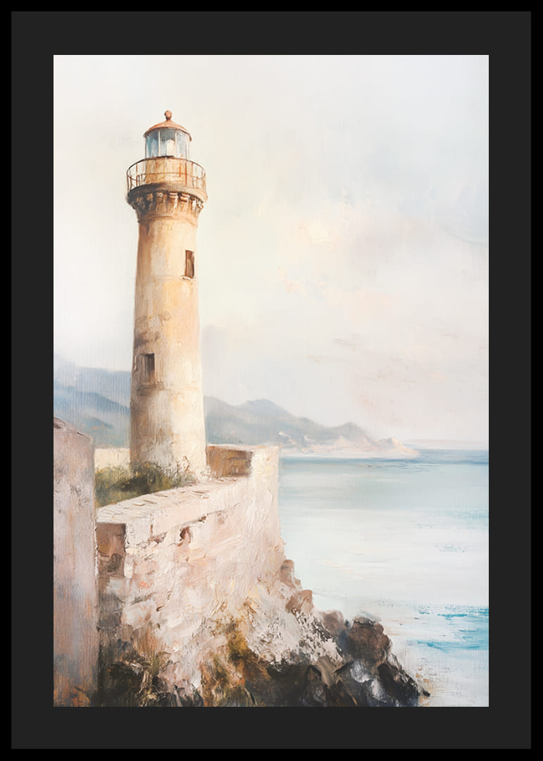 En plakat som viser et tidløst fyrtårn ved sjøen-12